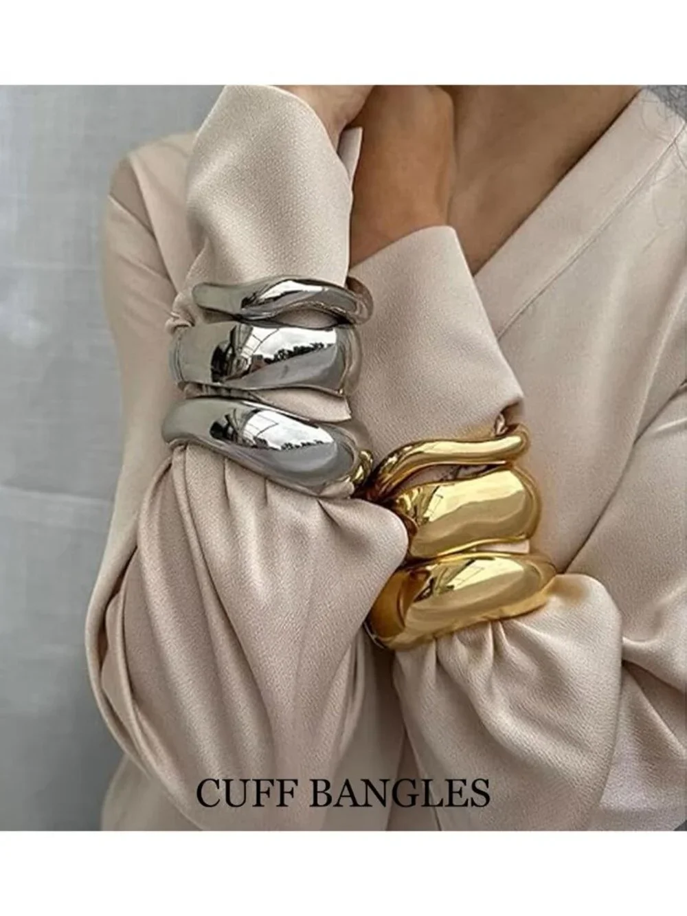 Trendy Chunky Gold Bangle Bracelets Set, 14k Plated Cuff Stackable Jewelry Gifts